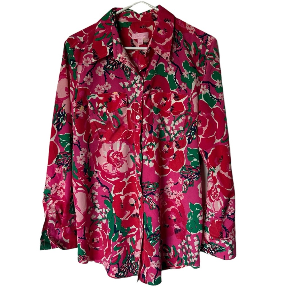 Lilly Pulitzer Pink Floral Button Down Collar Long Sleeve Blouse Top Shirt Med